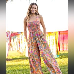 Natural Life Sedona Jumpsuit Retro Floral Size medium groovy colorful wide leg